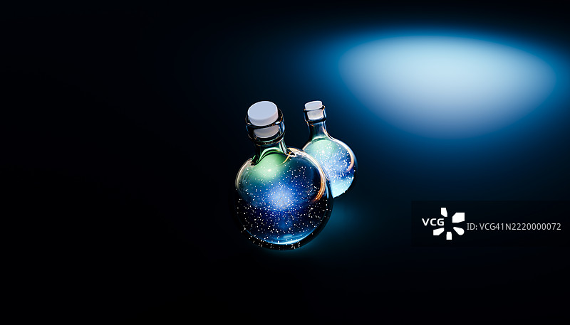 两个装有发光星云的玻璃瓶漂浮在黑暗的太空中图片素材