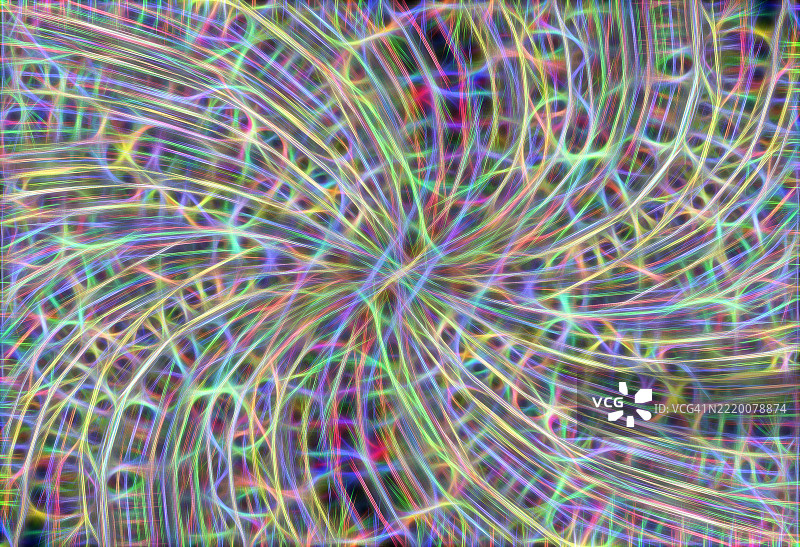 抽象背景，多彩光轨呈椭圆网状，像数据神经网络。图片素材