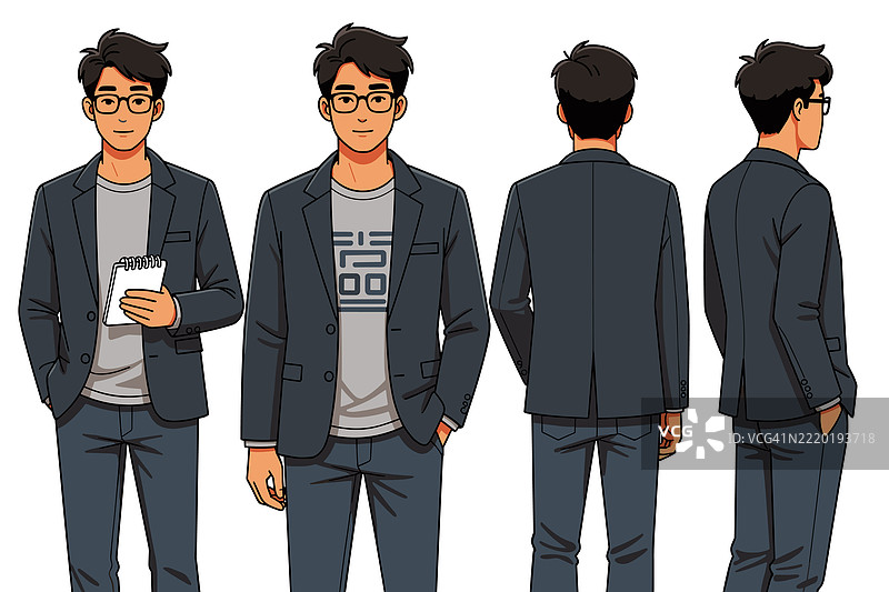 角色设计多角度视图 - 30多岁的亚洲男性图片素材