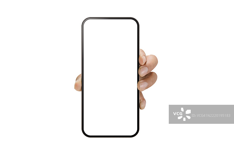 男人的手握着一部空白的白色屏幕智能手机图片素材