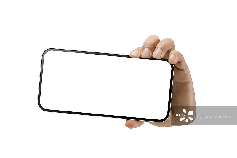 男人的手握着一部空白的白色屏幕智能手机图片素材