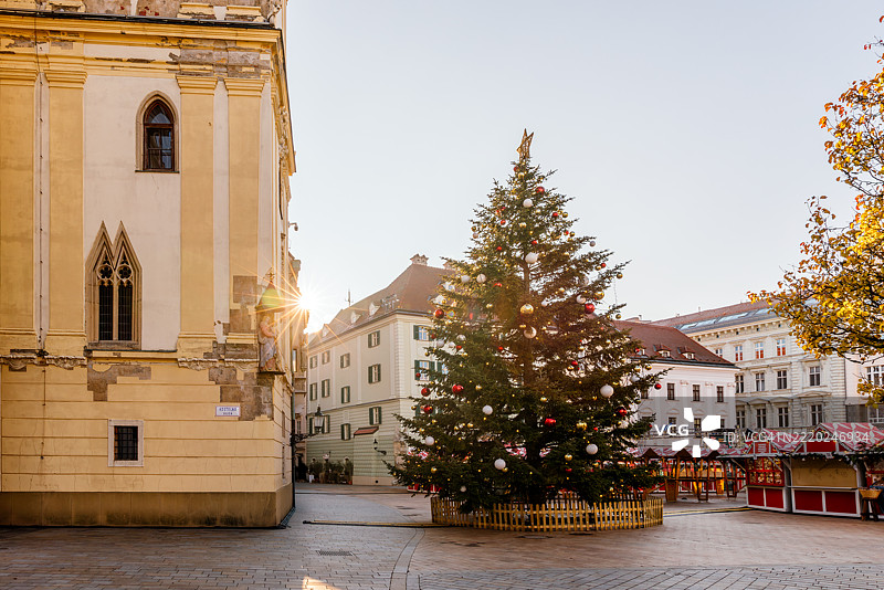 布拉迪斯拉发，斯洛伐克，阳光明媚的早晨，老市政厅附近装饰华丽的圣诞树图片素材