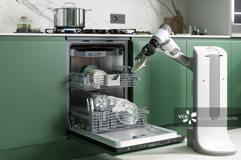 机器人将盘子放入洗碗机。智能机器人和人工智能概念图片素材