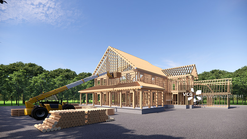 3D渲染的木屋。施工队正在搭建新家的框架。建筑模型在住宅施工现场。图片素材