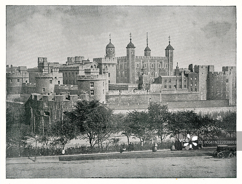 伦敦塔的古老雕刻插图，位于英格兰伦敦图片素材