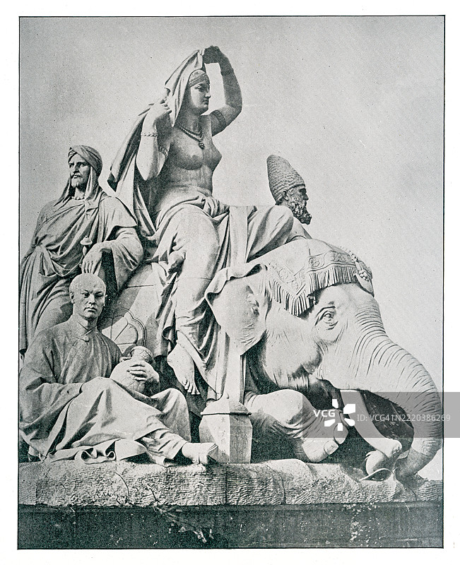 老式雕刻插图，描绘了代表传统亚洲的寓言雕塑，位于伦敦肯辛顿花园的阿尔伯特纪念碑，一个哥特复兴风格的圣餐台。图片素材