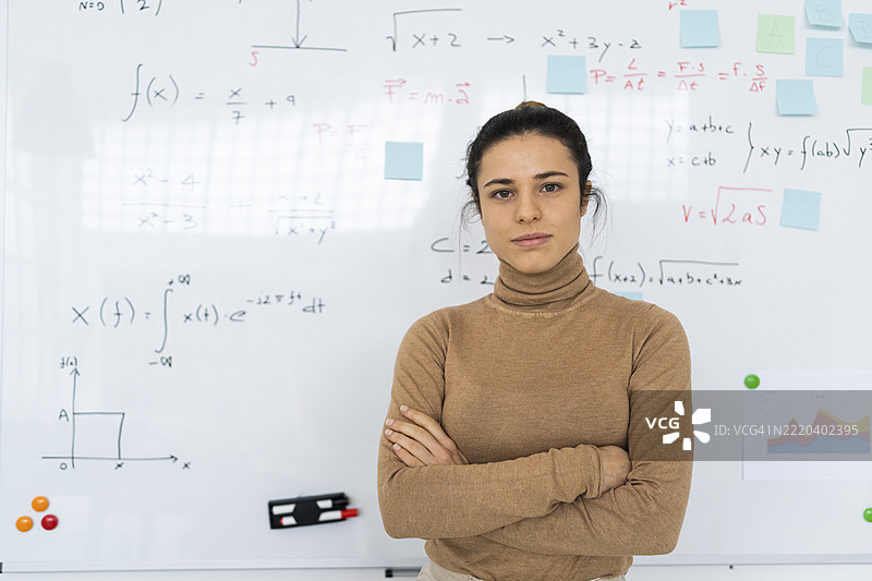 自信的女学生双臂交叉，站在家里的白板前图片素材