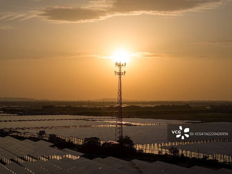 5G日落信号塔：用于手机和视频数据传输的蜂窝通信塔图片素材