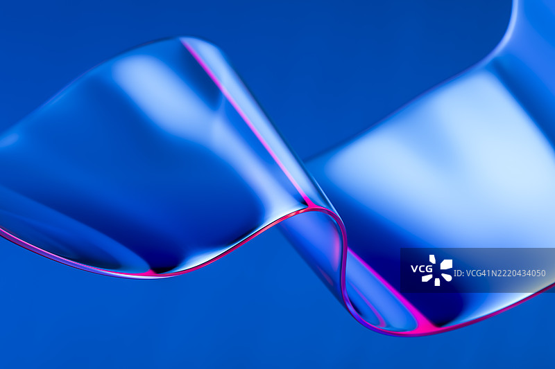 带有霓虹反射的抽象3D玻璃丝带，背景为蓝色图片素材