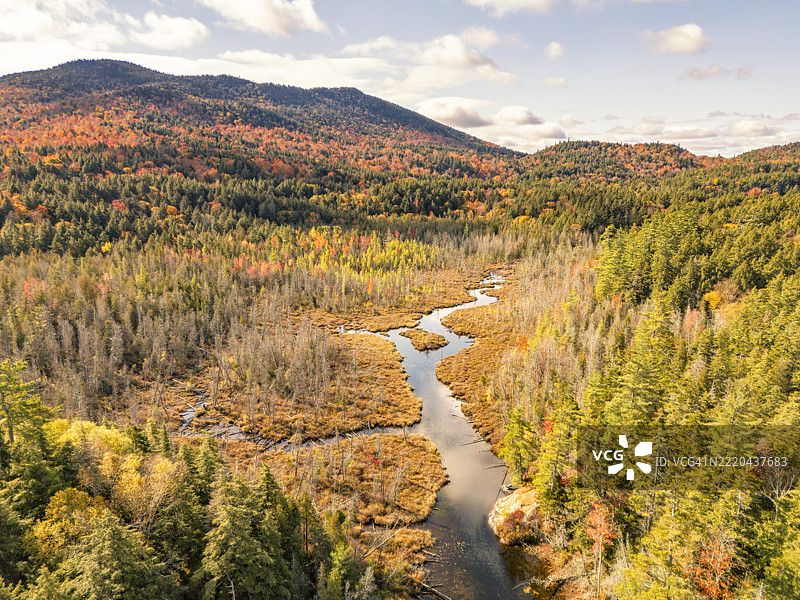 纽约萨拉纳克湖的阿迪朗达克山脉秋季树叶的鸟瞰图图片素材