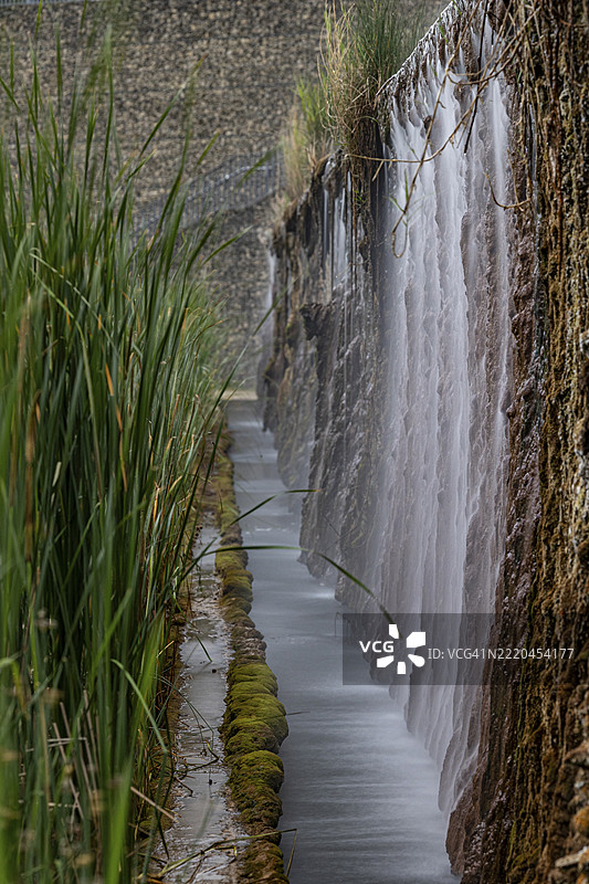 水流沿着覆盖着苔藓的墙壁流下，周围是高高的草丛，位于德国萨尔州的兰茨维勒-雷登水景花园。图片素材