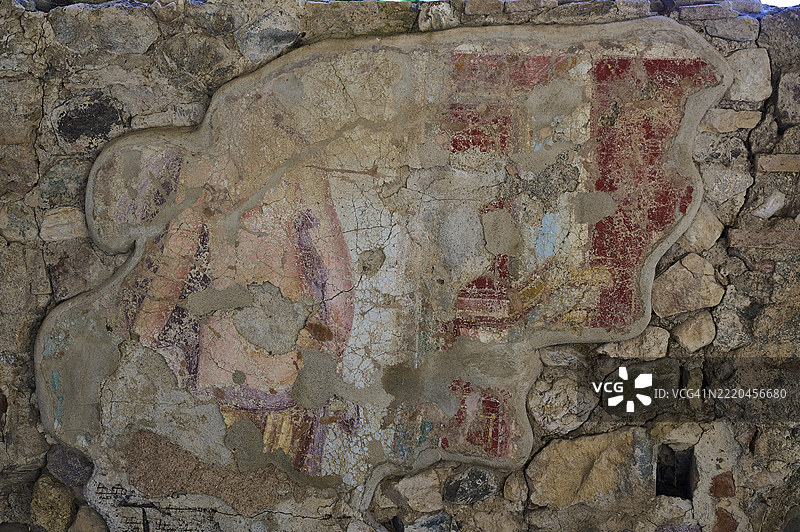 风化的古代壁画显示出色彩和细节的碎片，考古遗址，白鲟之家，西部挖掘，科斯镇，科斯，多德卡尼斯群岛，希腊，欧洲图片素材