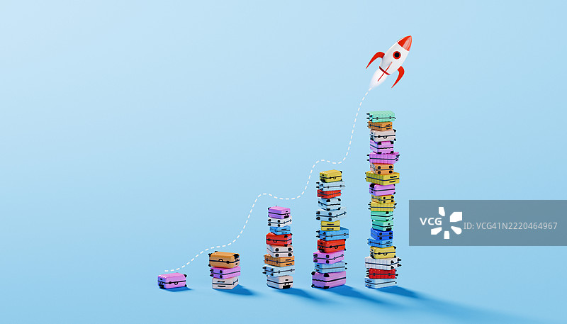 旅程起航 – 通过堆叠的行李箱和火箭动力的升空展示旅行的增长图片素材