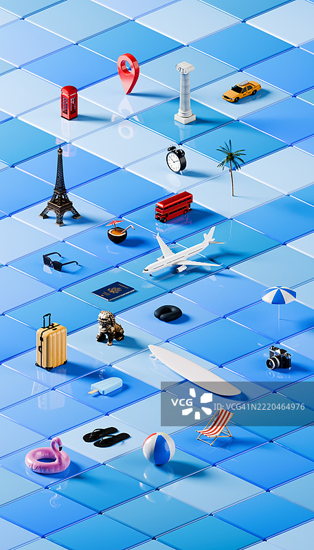 立方体之旅 – 抽象的旅行图标网格映射到几何块上，展示探索主题图片素材