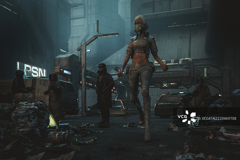 黑暗的未来主义反乌托邦街道上有行人图片素材