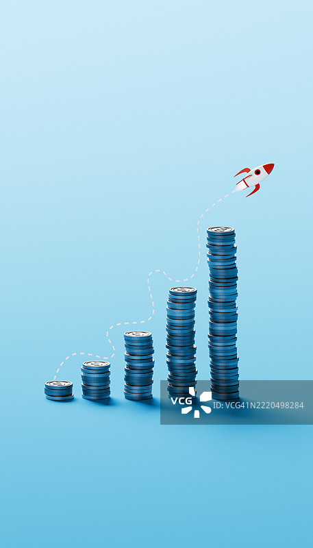 通过增益提升 - 火箭从银币堆中发射，描绘出战略增长的轨迹图片素材