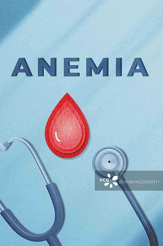 听诊器旁边有一滴血液，背景为蓝色表面。该图像象征着贫血、血液检测和早期医疗诊断。图片素材