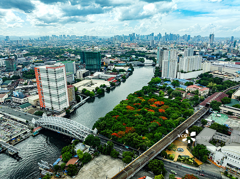 马尼拉城市景观的鸟瞰图，展现河流和天际线全景图片素材