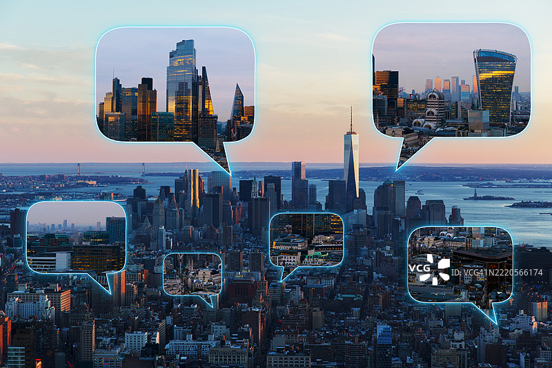 纽约和伦敦金融区与数字对话气泡图片素材