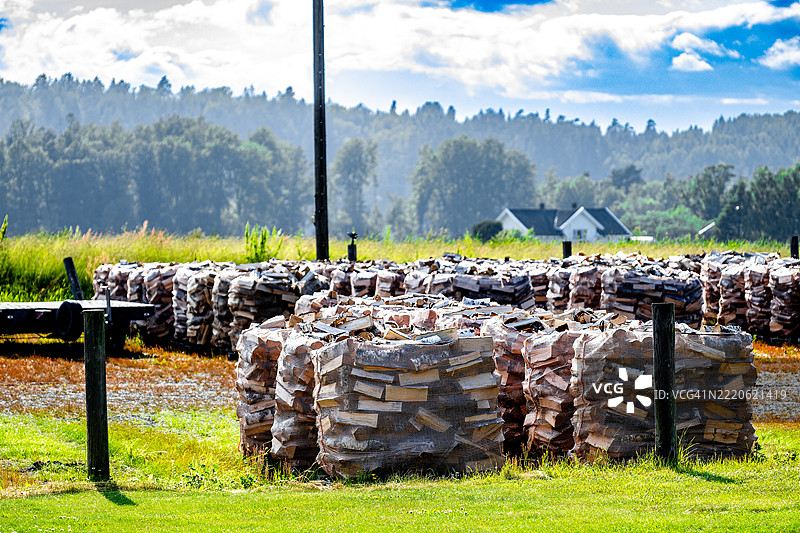 柴火已准备好出售，正慢慢积累以备冬季使用。农民全年辛勤工作。图片素材
