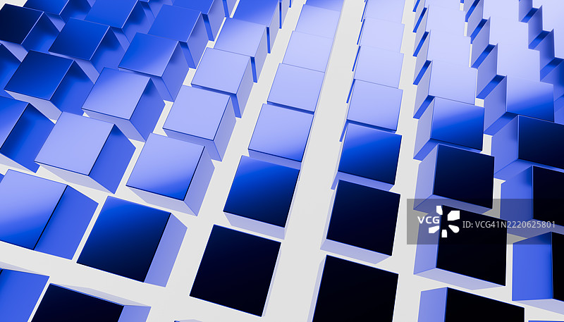 蓝色金属立方体在空中形成未来感的图案。图片素材