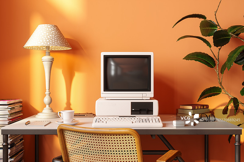 复古桌面电脑与经典装饰的桌子图片素材