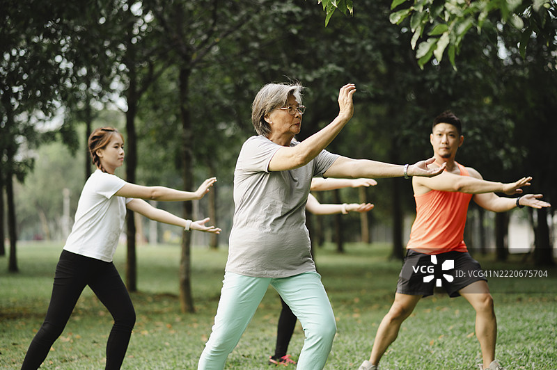 积极的老年母亲在教家人太极。图片素材