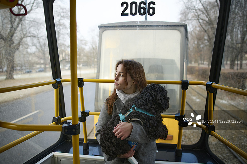 年轻女子在电车上抱着狗，透过窗户向外看。图片素材