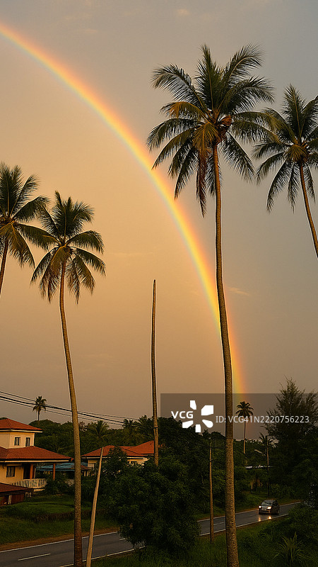 日落时分，天空中彩虹映衬下的棕榈树剪影图片素材