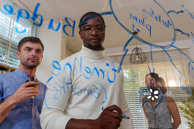 创新的黑人男性商业领袖在现代办公室环境中合作，围绕玻璃白板进行头脑风暴。他们的团队合作体现了创造力和战略规划。图片素材