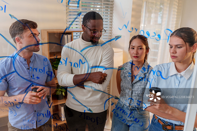 多元化的黑人男性和女性商业领袖在进行协作头脑风暴会议，讨论创新想法和策略，同时在玻璃板上进行视觉笔记。图片素材