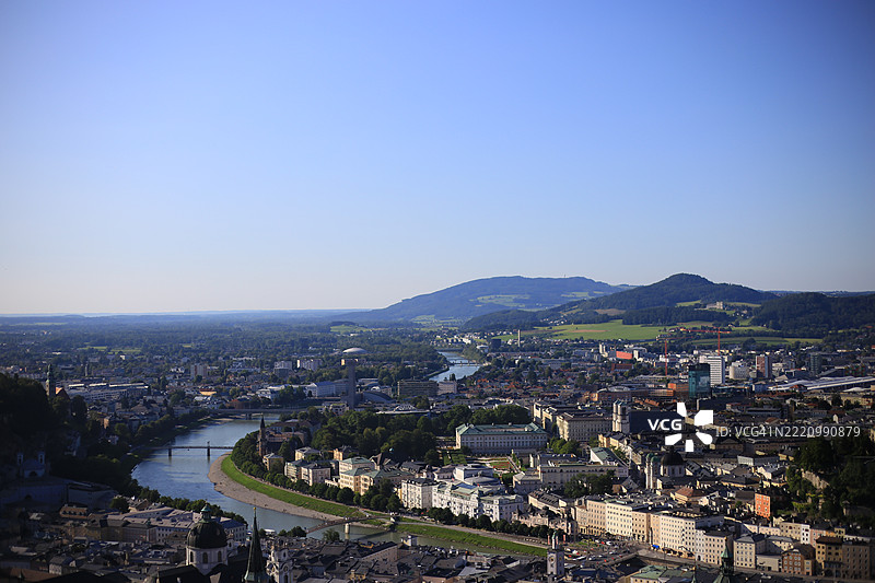 高角度拍摄的城镇风景与晴朗天空图片素材