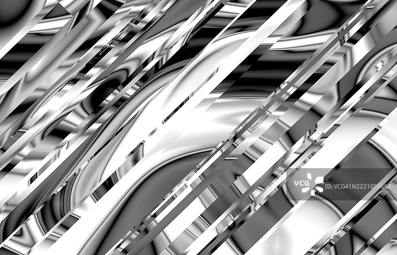 抽象单色图案与金属反射。高对比度的抽象艺术作品，展现流动的金属质感和黑、白、灰色调的锐利对角线。图片素材