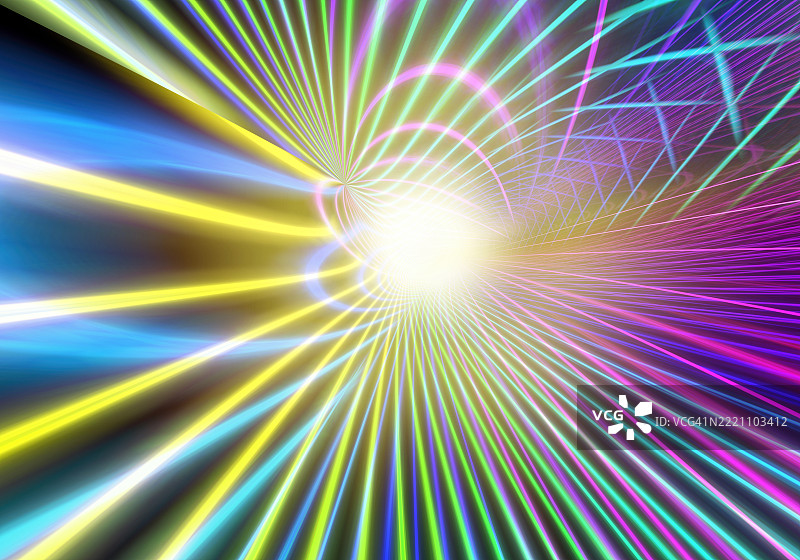 爆炸伴随着闪光和移动的多彩光粒子，呈现消失点效果。图片素材