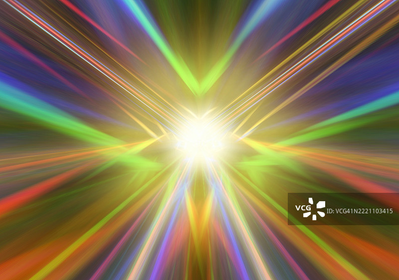 爆炸伴随着闪光和移动的多彩光粒子，呈现消失点效果。图片素材