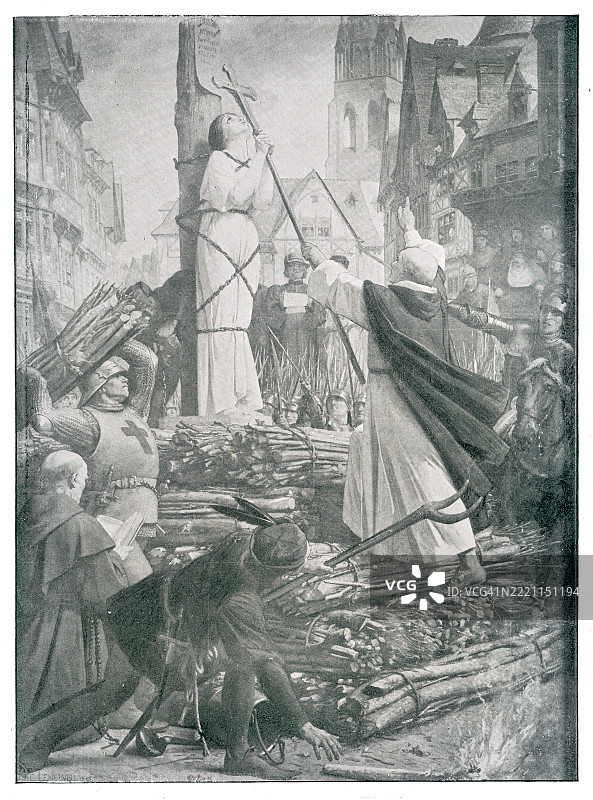 旧版雕刻插图，描绘了贞德的处决，她因在百年战争中的贡献而被封为罗马天主教圣人。在皮埃尔·科雄主教的审判后，她被判有罪，并在鲁昂的老市场被火刑处死。图片素材