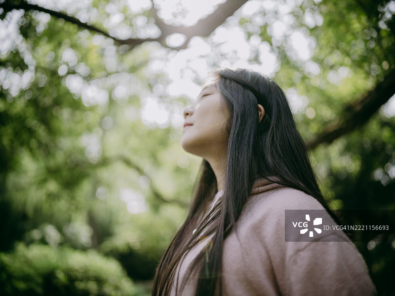 女人在森林中感受大自然图片素材