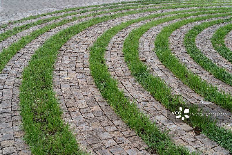 弯曲的石头小径与郁郁葱葱的绿草，宁静的花园环境图片素材