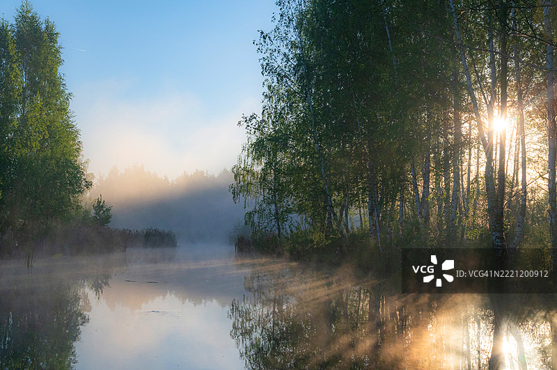 湖边的树木与天空相映成趣图片素材