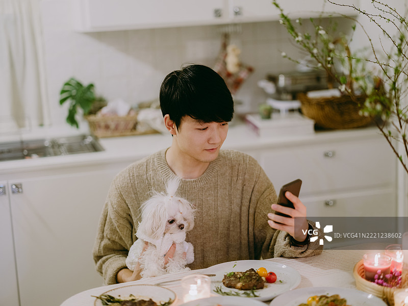 年轻帅气的亚洲男子在餐厅里抱着小狗并使用智能手机图片素材