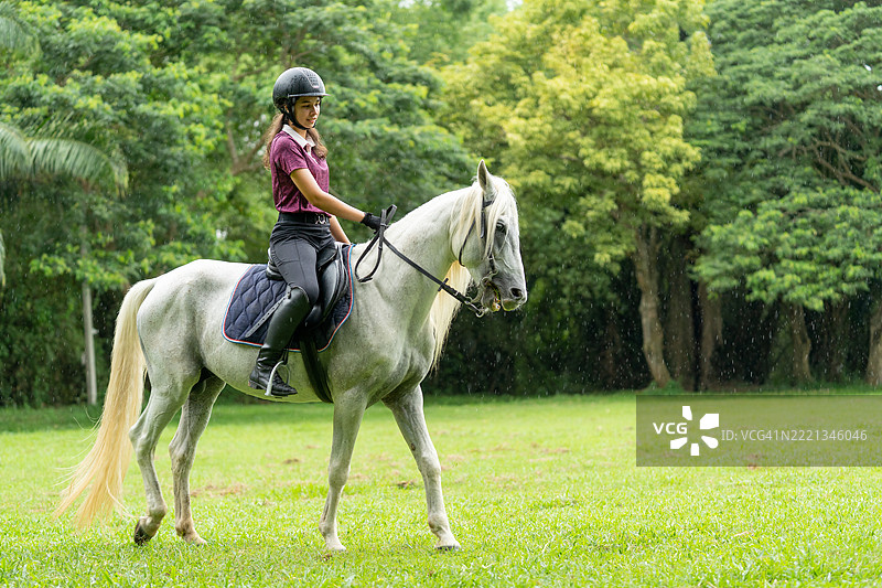 年轻的少女坐在马背上，控制着马在农田或公共花园的草地上悠闲地行走。图片素材