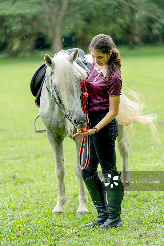 年轻的少女站在白马面前，给它一个苹果，他们看起来很开心，一起待在农场或公共花园里。图片素材