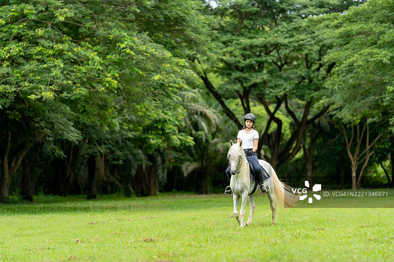 年轻的少女穿着白色衣服，坐在白马身上，在农场或公共花园中悠闲地散步，背景是一棵大树。图片素材