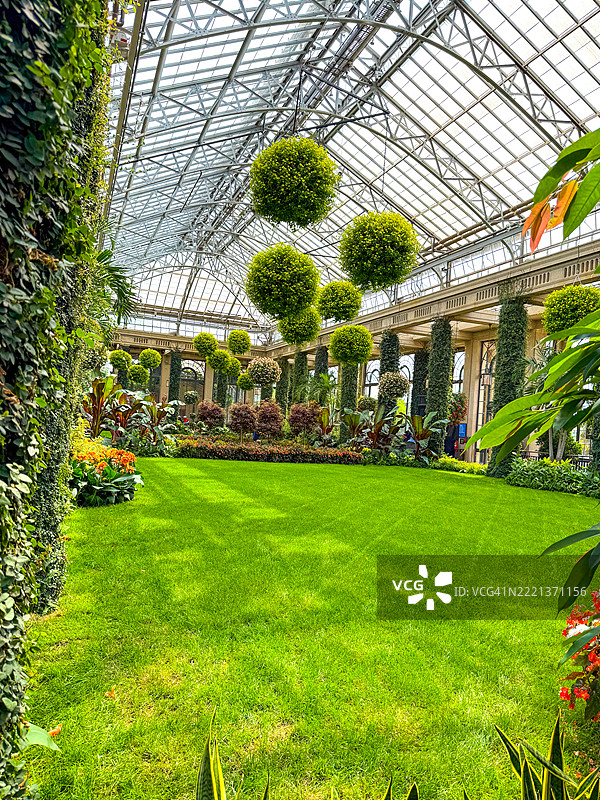 宾夕法尼亚州肯尼特广场的朗伍德花园历史主温室中的草坪和植物图片素材