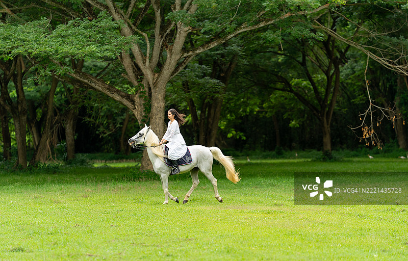 年轻的少女穿着白色衣服，骑着马在农田或公共花园的草地上从左到右奔跑。图片素材