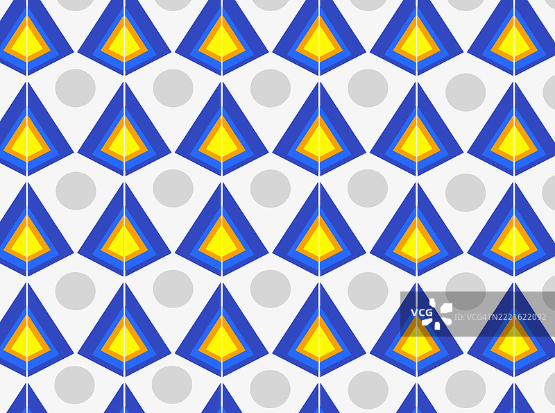 抽象背景,浅灰色底纹上装饰有蓝色和黄色的几何图形(三角形和圆形),灵感源自20世纪70年代的壁纸设计。图片素材
