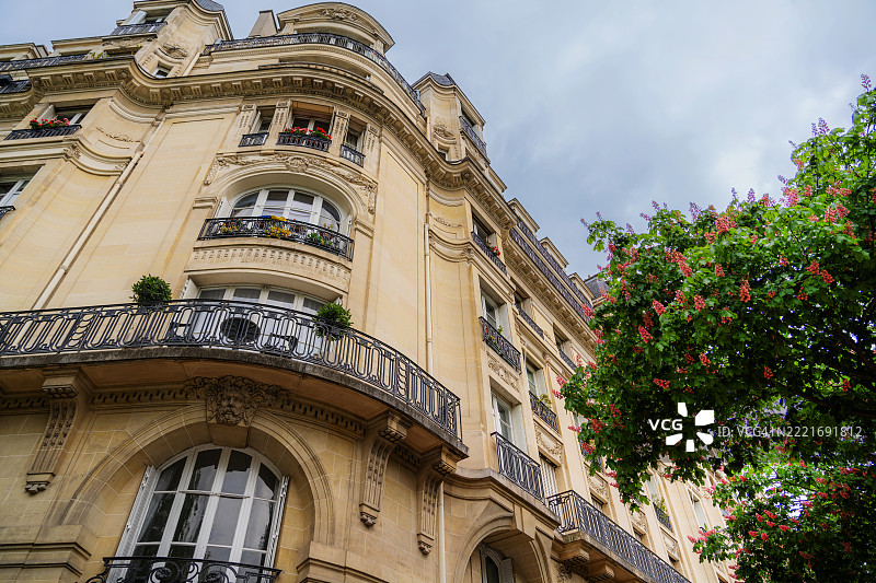 优雅的巴黎建筑外观与盛开的树木在阴天中图片素材