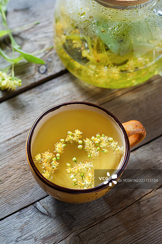 一杯热菩提茶放在木质背景上。健康自然饮品的概念。图片素材