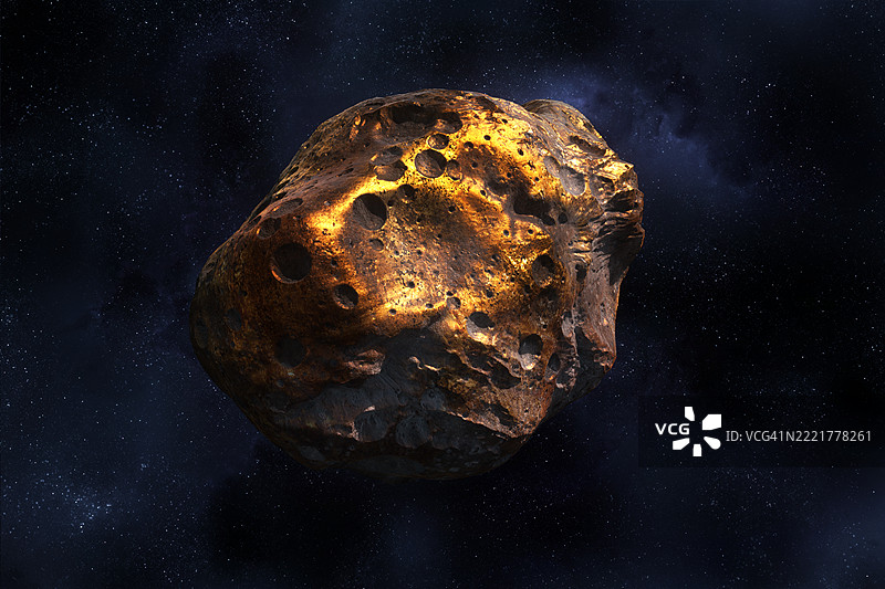 漂浮在太空中的金质小行星。图片素材