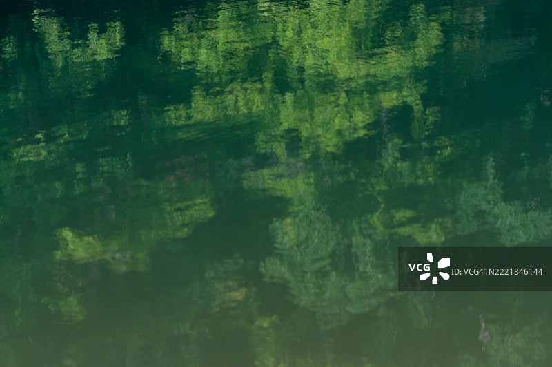 绿色森林的抽象背景映照在湖面上图片素材